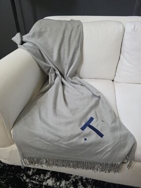 Pottery Barn Able Throw Bkanket Smoke Gray Monogram 'T' 50x60